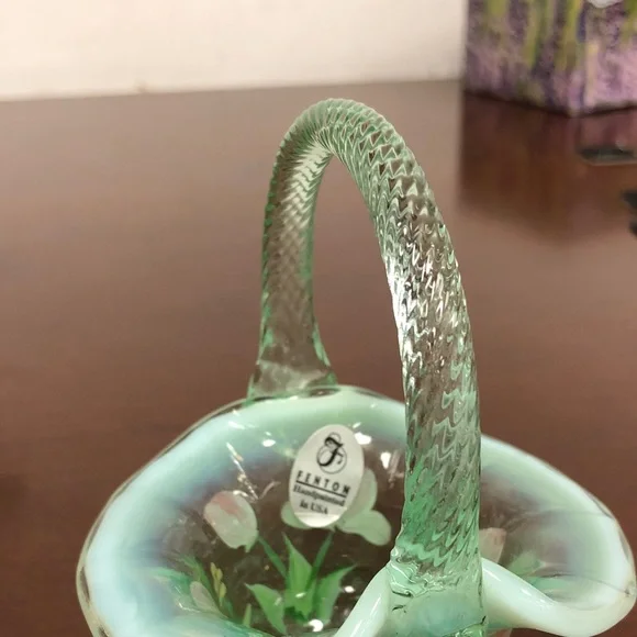 Fenton Green Glass Basket Set with Pink Floral Design